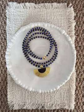 Long lapis lazuli sweater necklace with coin pendant