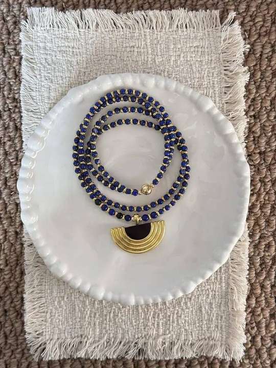 Long lapis lazuli sweater necklace with coin pendant
