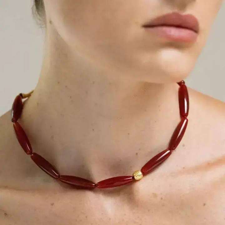 Red agate teardrop choker close-up