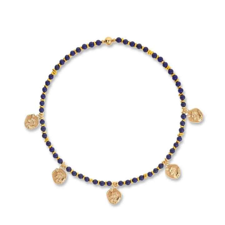 Long natural lapis lazuli coin pendant necklace on white