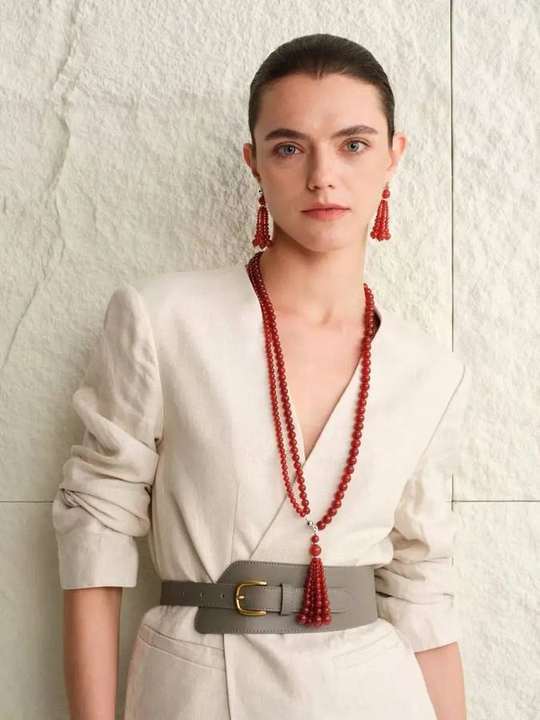 Red agate necklace styled with tailoring