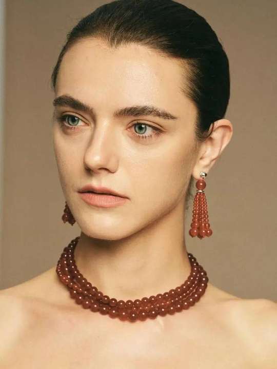 Red agate tassel earrings and layered necklace