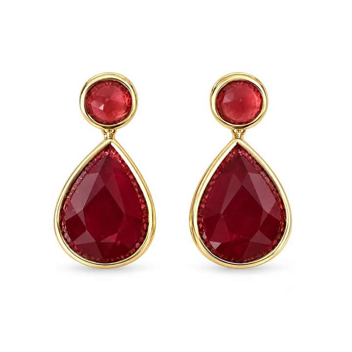 Red agate earrings with gold-tone settings on white