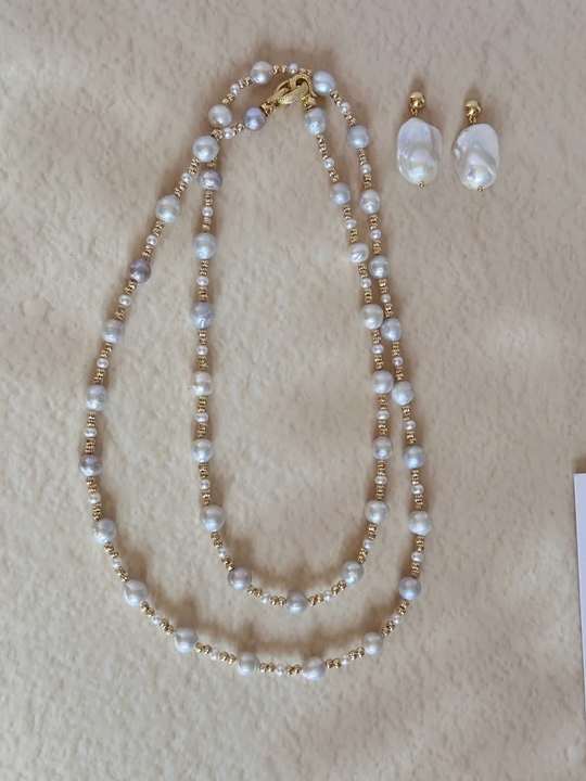 Freshwater pearl sweater necklace worn in two loops